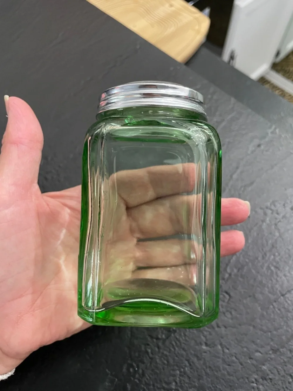 Green Glass Pepper Shaker Jar with Silver Lid